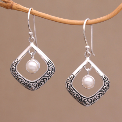 Cultured pearl dangle earrings, 'Elegant Reverie' - Cultured Pearl Sterling Silver Dangle Earrings from Bali