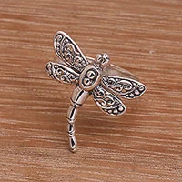 Sterling silver cocktail ring, 'Dance of the Dragonfly' - Sterling Silver Dragonfly Cocktail Ring Handmade in Bali