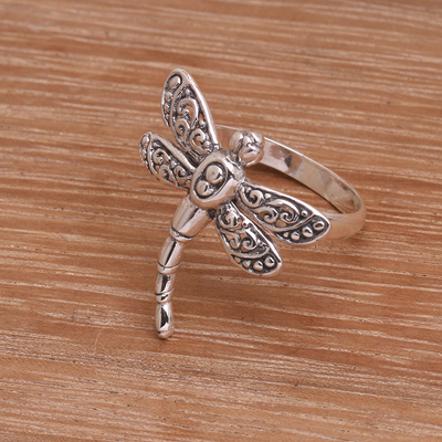 Sterling silver cocktail ring, 'Dance of the Dragonfly' - Sterling Silver Dragonfly Cocktail Ring Handmade in Bali