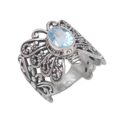 Blue topaz cocktail ring, 'Majestic Monarch' - Blue Topaz and Sterling Silver Butterfly Cocktail Ring