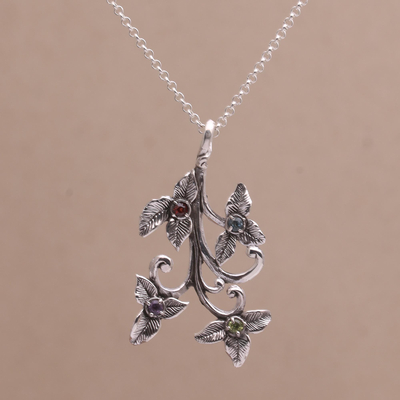 Multi-gemstone pendant necklace, 'Kembang Setaman' - Multi-Gemstone Floral Sterling Silver Pendant Necklace