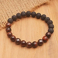 Pulsera elástica con cuentas de ágata y piedra de lava, 'Volcán tranquilo' - Pulsera elástica con cuentas de piedra de lava negra y ágata marrón