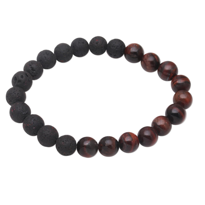 Agate and lava stone beaded stretch bracelet, 'Quiet Volcano' - Black Lava Stone and Brown Agate Beaded Stretch Bracelet