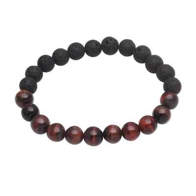 Agate and lava stone beaded stretch bracelet, 'Quiet Volcano' - Black Lava Stone and Brown Agate Beaded Stretch Bracelet