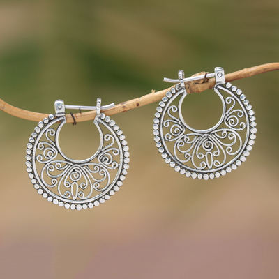 Sterling Silver Hoop Earrings Handcrafted in Bali, 'Swirling Radiance
