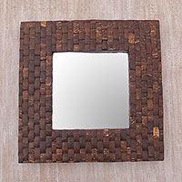 Coconut shell wall mirror, 'Reflections of Nature' - Coconut Shell Square Wall Mirror Handmade in Indonesia