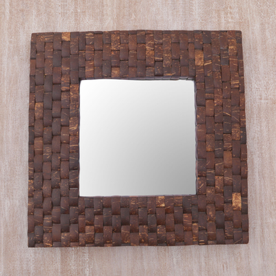 Coconut shell wall mirror, 'Reflections of Nature' - Coconut Shell Square Wall Mirror Handmade in Indonesia