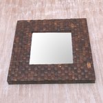 Coconut shell wall mirror, 'Reflections of Nature' - Coconut Shell Square Wall Mirror Handmade in Indonesia