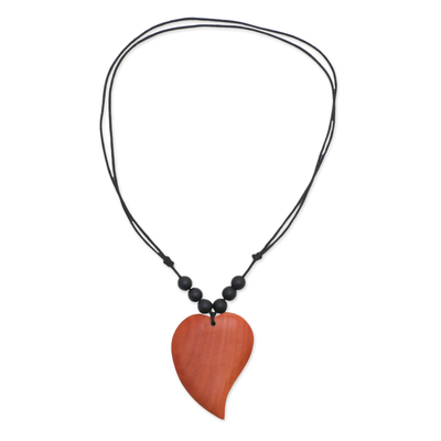 Onyx and wood pendant necklace, 'Sweet Heart' - Heart-Shaped Onyx and Sawo Wood Pendant Necklace from Bali