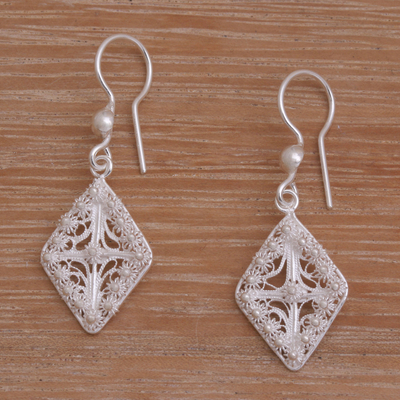 Sterling silver filigree dangle earrings, 'Ethereal Kite' - Filigree Sterling Silver Dangle Earrings Handmade in Java