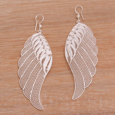 Sterling silver filigree dangle earrings, 'Garuda Feather' - Sterling Silver Filigree Bird Feather Dangle Earrings