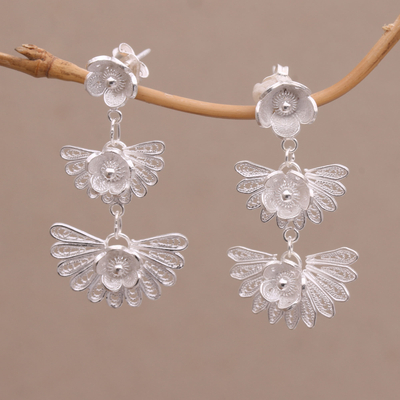 Sterling silver filigree dangle earrings, 'Frozen Petals' - Sterling Silver Filigree Dangle Earrings Handmade in Java
