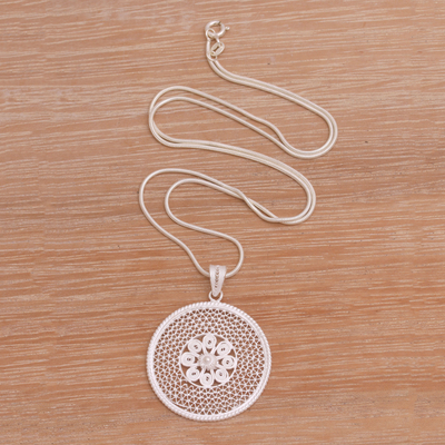 Sterling silver filigree pendant necklace, 'Jogja Shield' - Sterling Silver Filigree Pendant Necklace Handmade in Java
