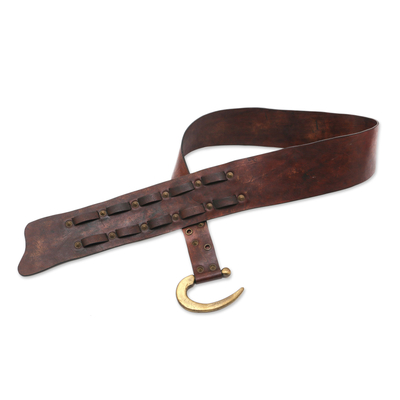 Leather belt, 'Iron Edge' - Handcrafted Iron Studded Leather Belt with Contemporary Hook