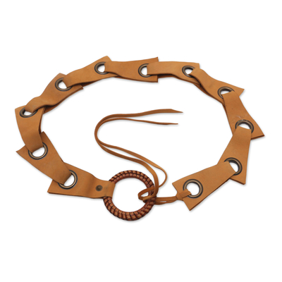 Leather belt, 'Contemporary Edge in Honey' - Honey Contemporary Stainless Steel Accented Leather Belt