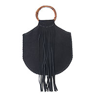 Suede handle handbag, 'Endeavor in Onyx' - Balinese Black Suede and Bamboo Handle Handbag with Fringe