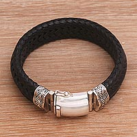 Men's leather wristband bracelet, 'Lineage in Black' - Men's Leather and Sterling Silver Braided Wristband Bracelet