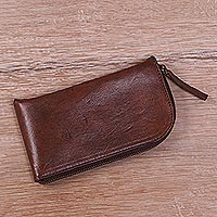 Leather glasses case, 'Elegant Brown Curve'