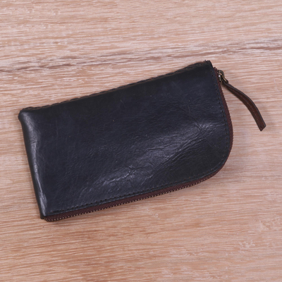 Leather glasses case, 'Elegant Black Curve' - Handcrafted Curved Black Leather Glasses Case