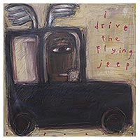 'I Drive the Flying Jeep' - Signed Whimsical Modern Painting of a Jeep from Java