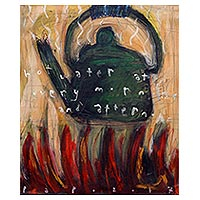 'Hot Water at Every Morning and Afternoon' - Signed Painting of a Boiling Kettle from Java