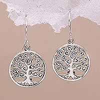 Sterling silver dangle earrings, 'Tree of Dreams' - Round Sterling Silver Dreamy Growing Trees Dangle Earrings