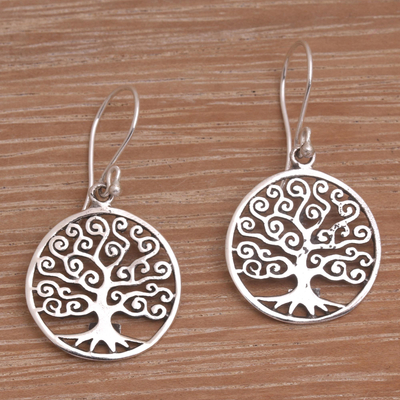 Sterling silver dangle earrings, 'Tree of Dreams' - Round Sterling Silver Dreamy Growing Trees Dangle Earrings
