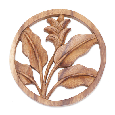 Wood relief panel, 'Flourish' - Balinese Crafted Floral Plant Suar Wood Wall Relief Panel