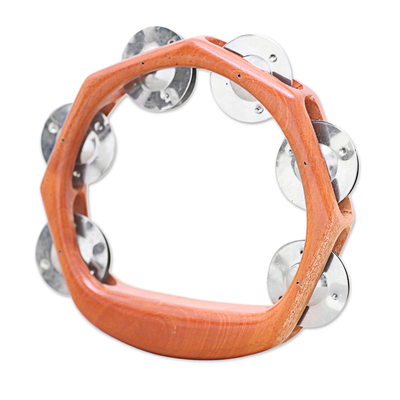 Wood and stainless steel tambourine, 'Funky Tune' - Teak Wood and Stainless Steel Tambourine from Bali