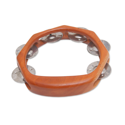 Wood and stainless steel tambourine, 'Funky Tune' - Teak Wood and Stainless Steel Tambourine from Bali