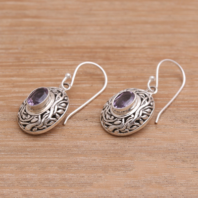 Amethyst dangle earrings, 'Mystery Vines' - Faceted Amethyst Sterling Silver Vines Dangle Earrings