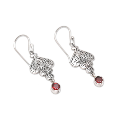 Garnet dangle earrings, 'Tumbling Hearts' - Sterling Silver Tumbling Heart Garnet Dangle Earrings