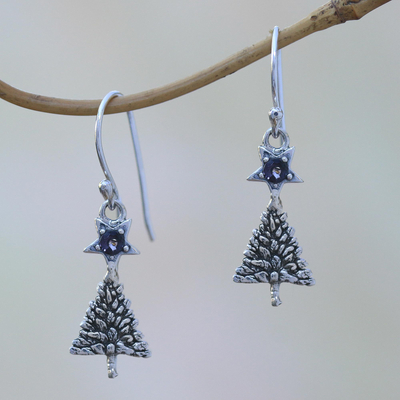 Amethyst dangle earrings, 'Blessing Tree' - Sterling Silver Star Amethyst Blessing Tree Dangle Earrings