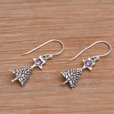Sterling Silver dangle earrings, 'Amethyst Blessing Tree' - Sterling Silver Tree Earrings