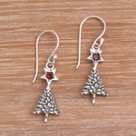 Garnet dangle earrings, 'Blessing Tree' - Sterling Silver Star Amethyst Blessing Tree Dangle Earrings