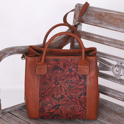 Batik-Lederhandtasche, 'Kembang Harum' - Floral Batik Leder Griff Handtasche mit abnehmbaren Riemen