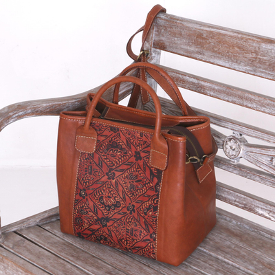 Batik leather handbag, 'Kembang Harum' - Floral Batik Leather Handle Handbag with Removable Strap