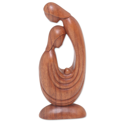 Wood sculpture, 'First Love' - Bali Hand-Carved Wood Parents and Child Family Sculpture