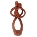 Wood sculpture, 'Infant Love' - Hand-Carved Suar Wood Parents and Newborn Family Sculpture