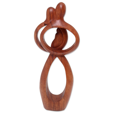 Wood sculpture, 'Infant Love' - Hand-Carved Suar Wood Parents and Newborn Family Sculpture