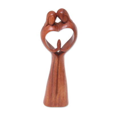 Wood sculpture, 'Piece of Me' - Hand-Carved Couple Family Love Suar Wood Heart Sculpture