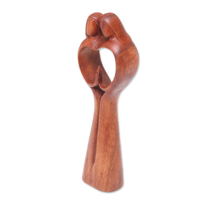 Escultura de madera - Escultura de corazón de madera de suar de amor familiar de pareja tallada a mano