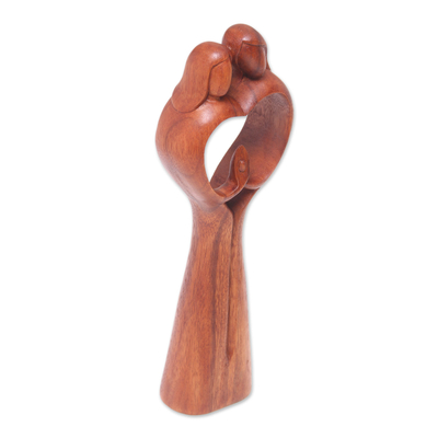 Wood sculpture, 'Piece of Me' - Hand-Carved Couple Family Love Suar Wood Heart Sculpture