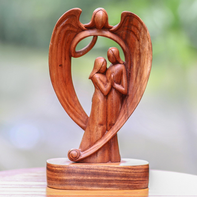 Escultura en madera - Escultura de Ángel de la guarda y pareja tallada a mano en madera de Suar