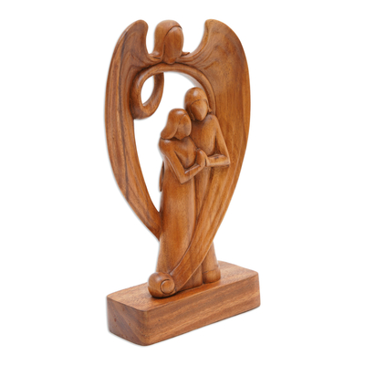 Wood sculpture, 'Angelic Presence' - Hand-Carved Guardian Angel and Couple Suar Wood Sculpture