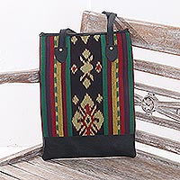 Leather accent cotton shoulder bag, 'Joyous Jepara' - Handcrafted Ikat Jepara Leather Accent Cotton Shoulder Bag