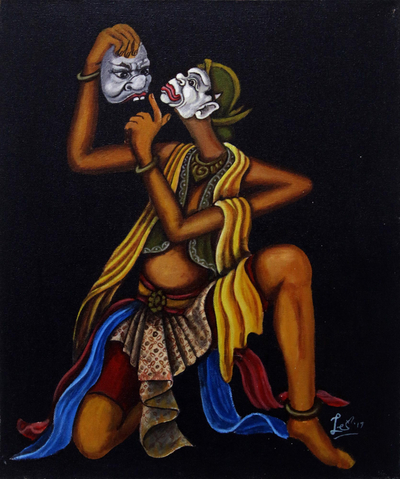 Original Oil on Canvas Painting of a Javanese Mask Dancer