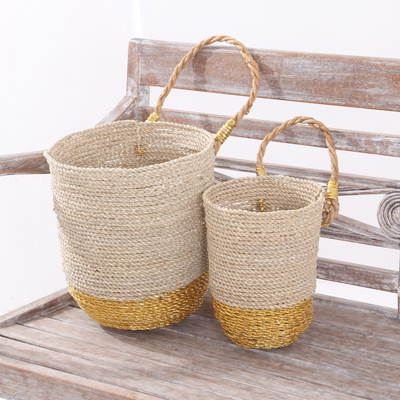 Natural fiber nesting baskets, 'Catching Sunshine' (pair) - Natural Fiber Large and Small Baskets with Handle (Pair)