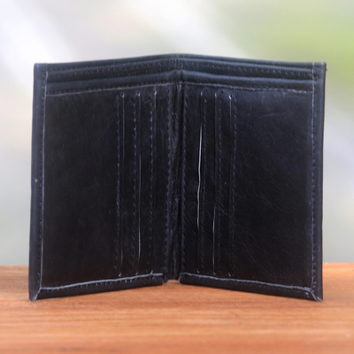 Leather wallet, 'Esquire in Black' - Black Handcrafted Bi-Fold Leather Wallet from Bali