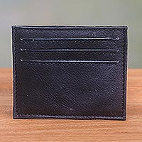 Leather card holder, 'Business Savvy in Black' - Black Handcrafted Seven-Slot Leather Card Holder from Bali